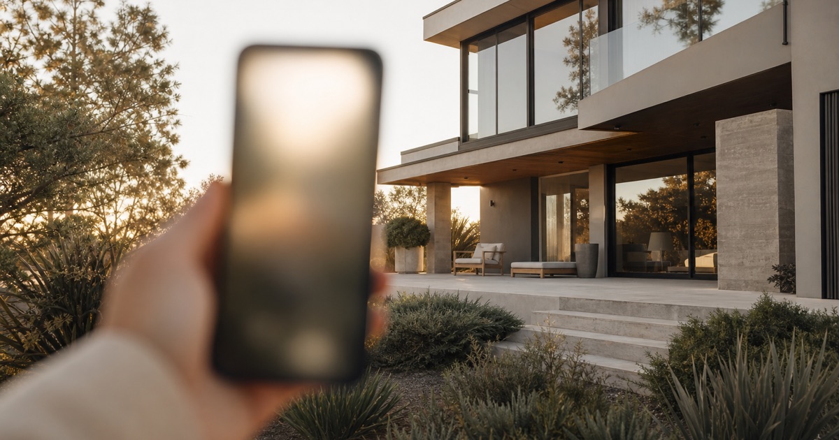 A hand holding a glowing phone in front of a contemporary house in warm afternoon light