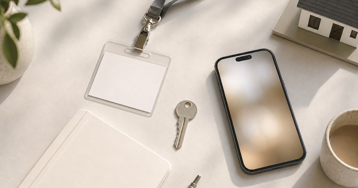 A new agent's starter kit laid out on a clean desk with a key, phone, badge, and notebook