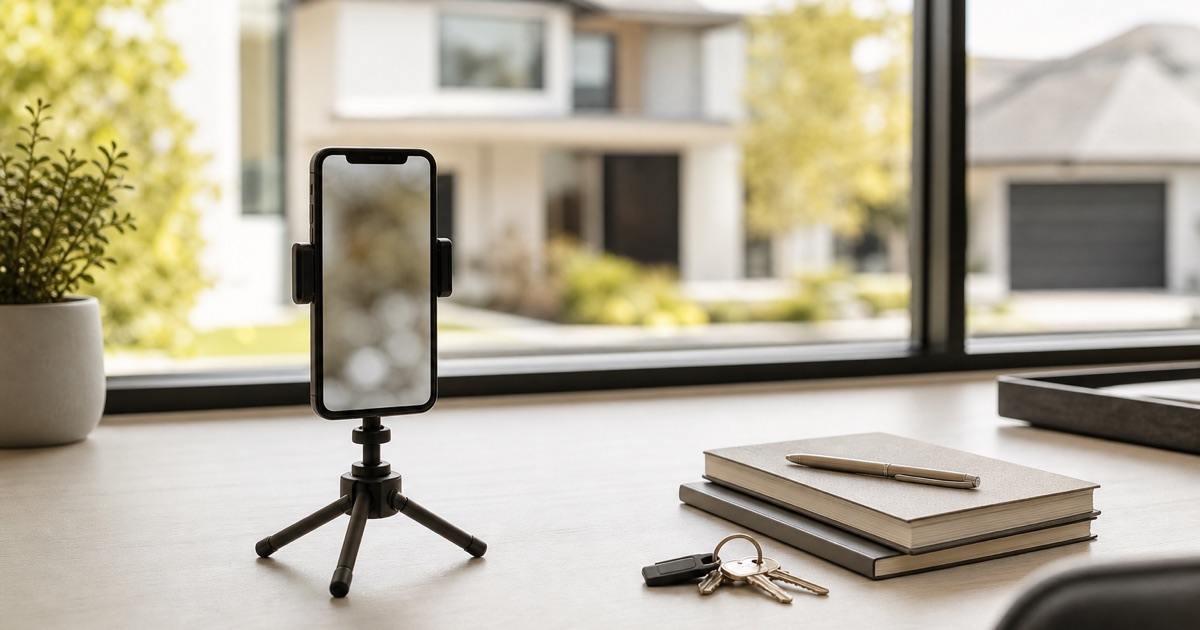A real estate agent's workspace with a phone on a tripod and a home visible through the window