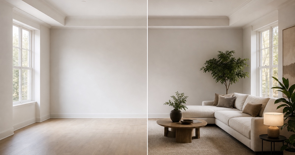 A living room shown half empty and half fully furnished in identical light