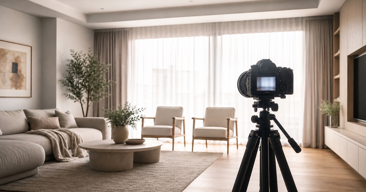 A camera on a tripod set up in a bright staged living room