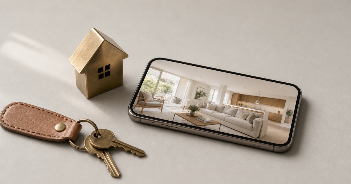 A smartphone showing a home listing beside a small brass house figurine and a set of keys on a warm neutral surface