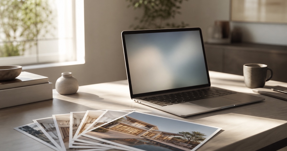 Printed listing photos fanned out on a desk beside a laptop in warm morning light
