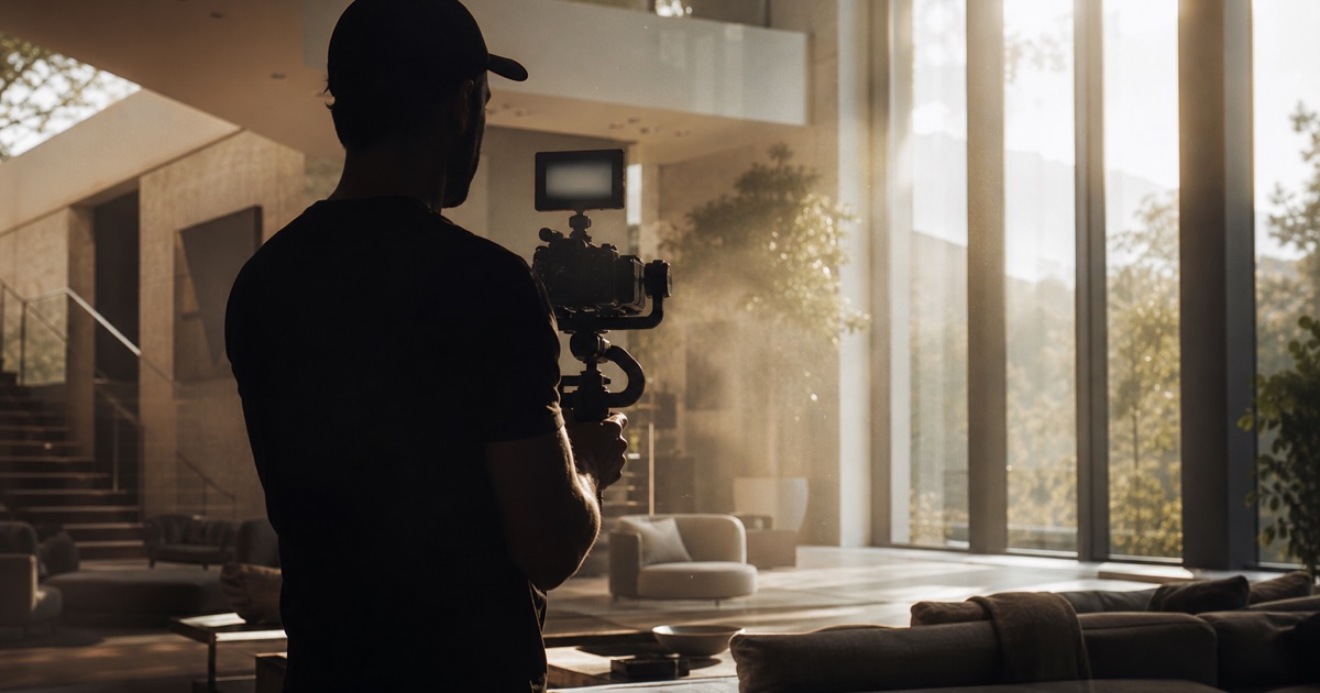 A videographer silhouetted while operating a gimbal in a luxury interior with warm backlight