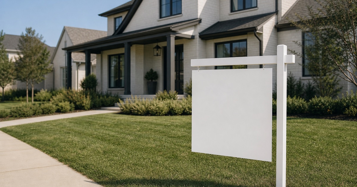 A tidy suburban home with a blank yard sign on the front lawn