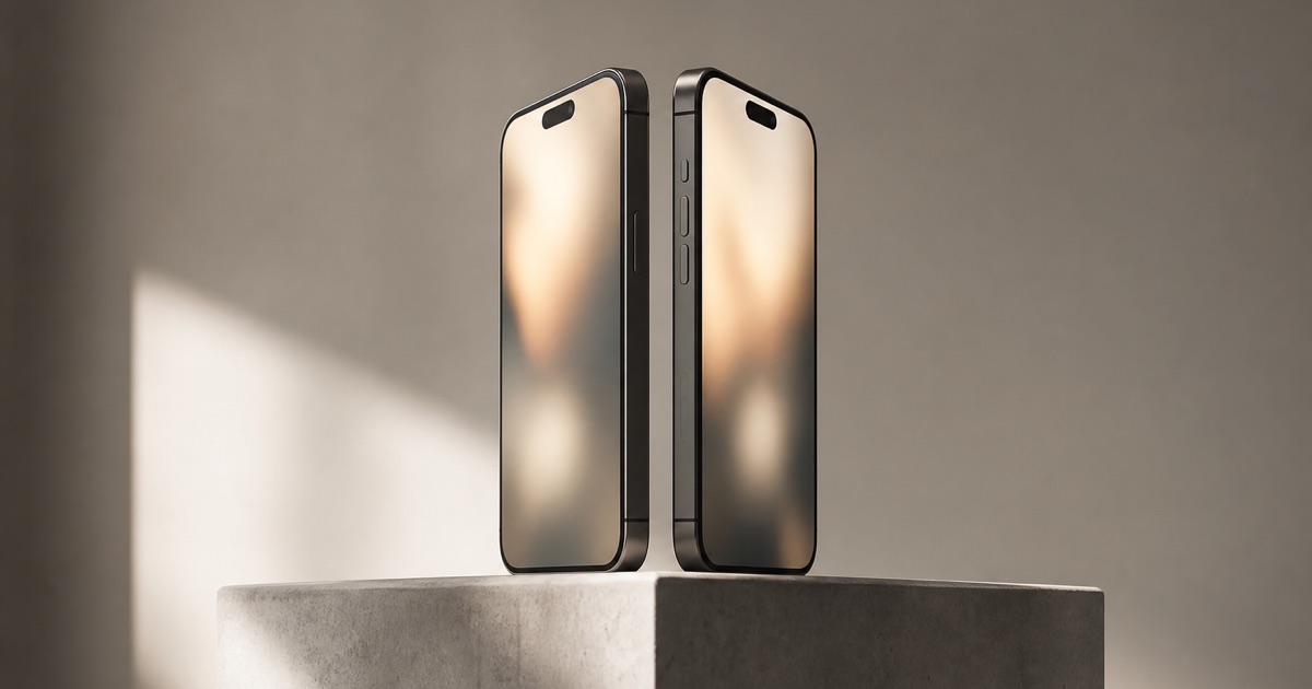 Two identical smartphones standing back to back on a concrete plinth under studio light