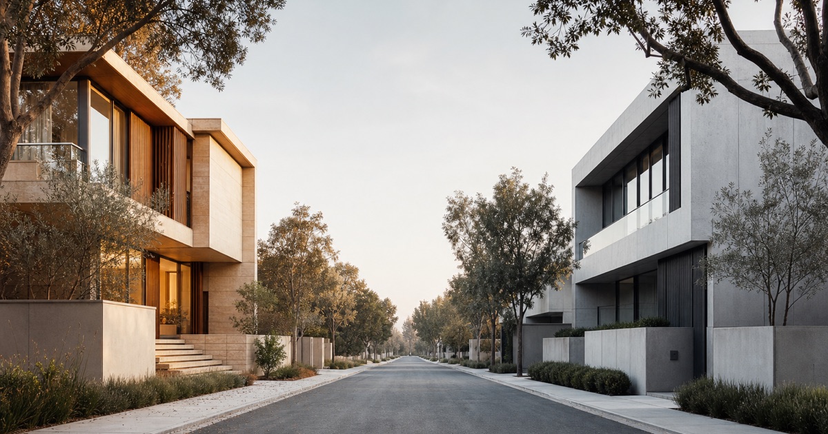 Two modern houses facing each other across a quiet street in symmetrical morning light