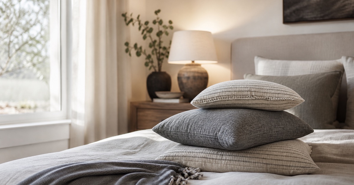 A staged bedroom in soft morning light with throw pillows being placed on the bed