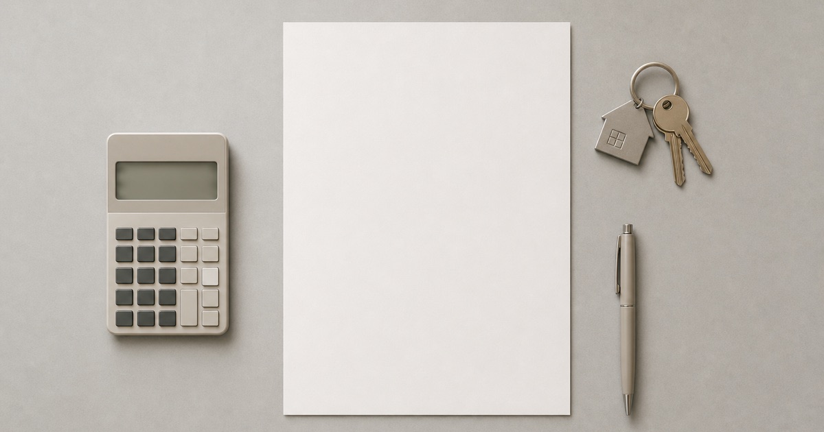 A calculator, blank invoice, and house keys arranged on a grey surface
