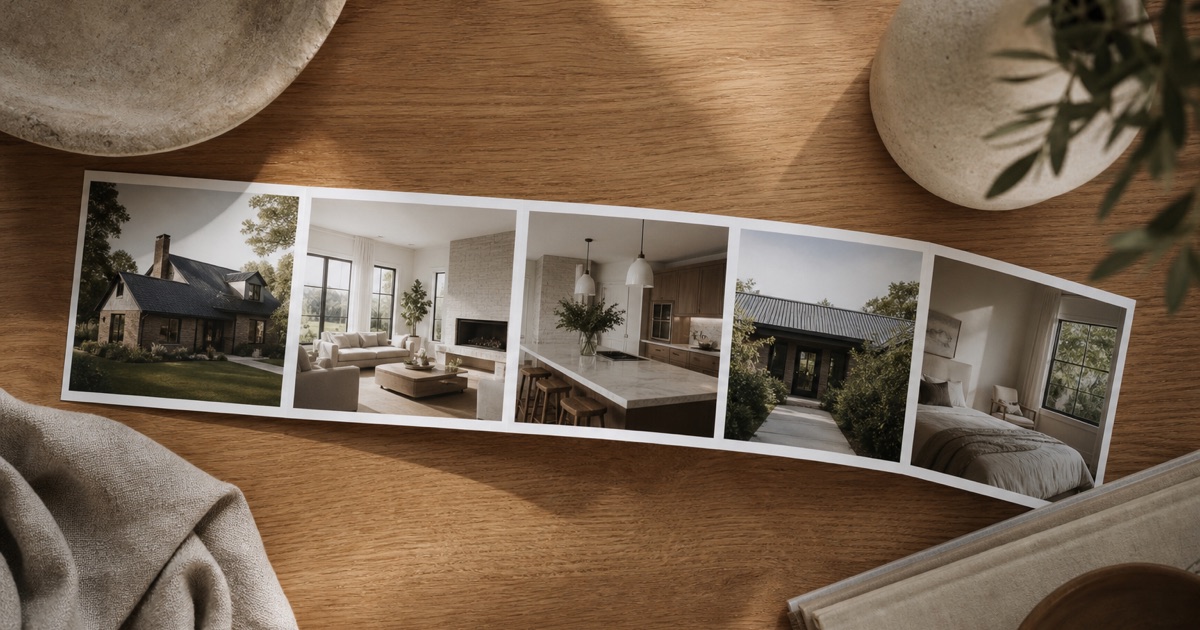 Printed home photos arranged in a filmstrip curve on a wooden table