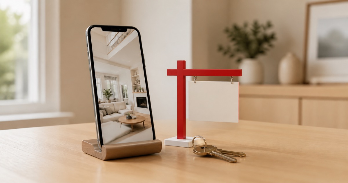An agent’s phone showing a listing reel next to a sold sign miniature and house keys on a warm neutral desk