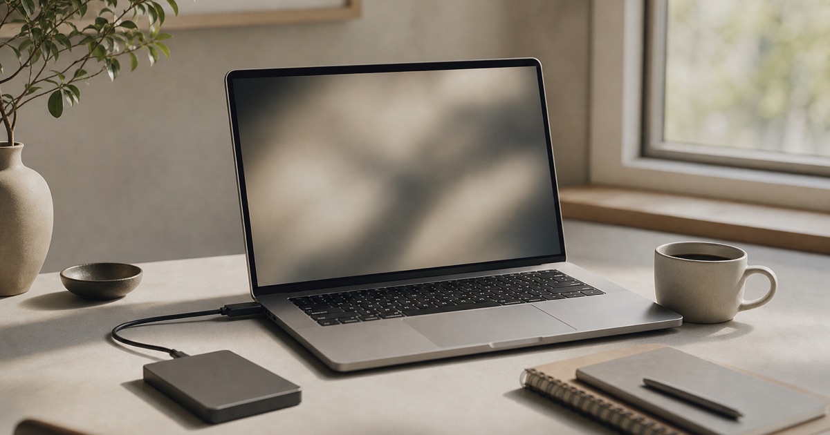 A morning desk with a laptop, external drive, and coffee in soft window light