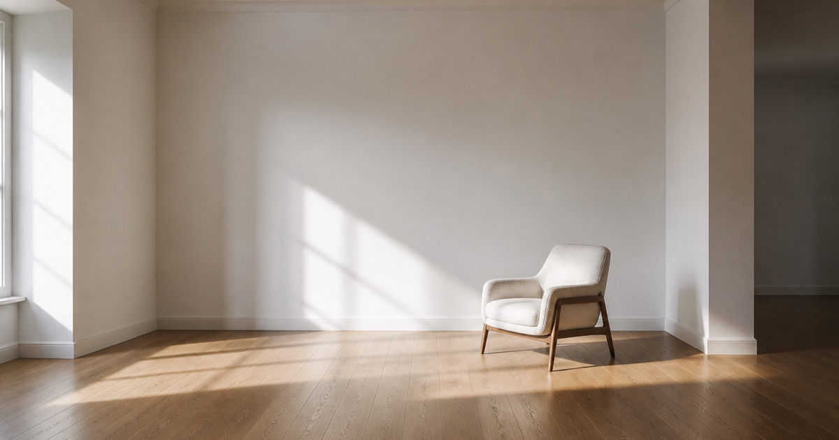 An empty sunlit room with a single styled armchair placed in the light