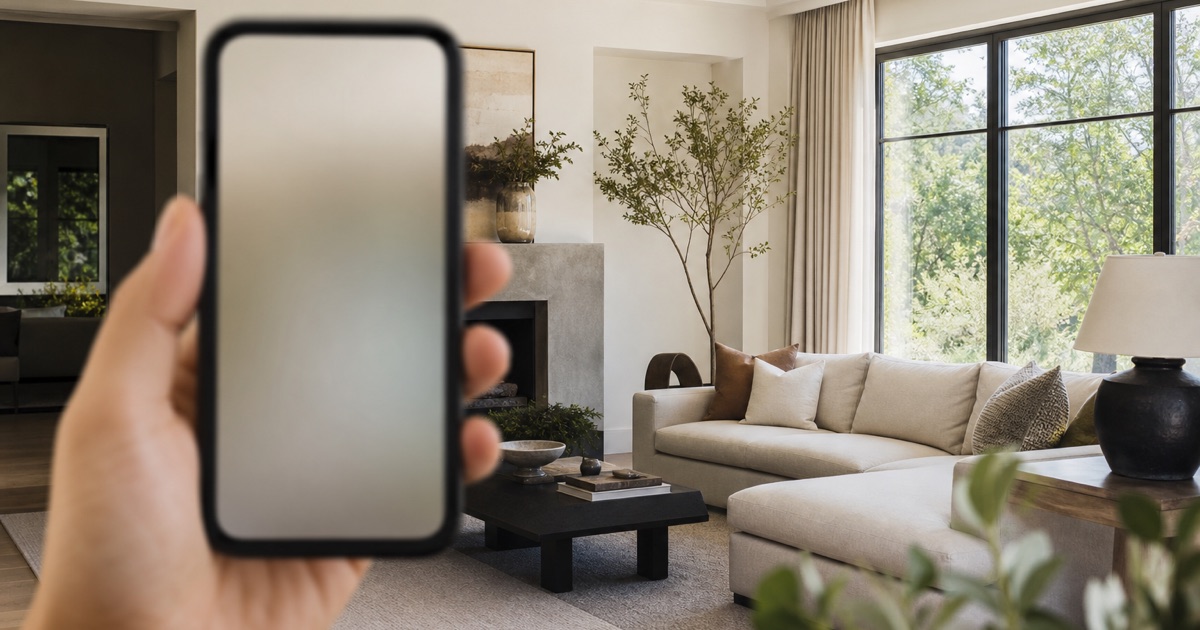 A bright living room seen past a smartphone held up in the foreground