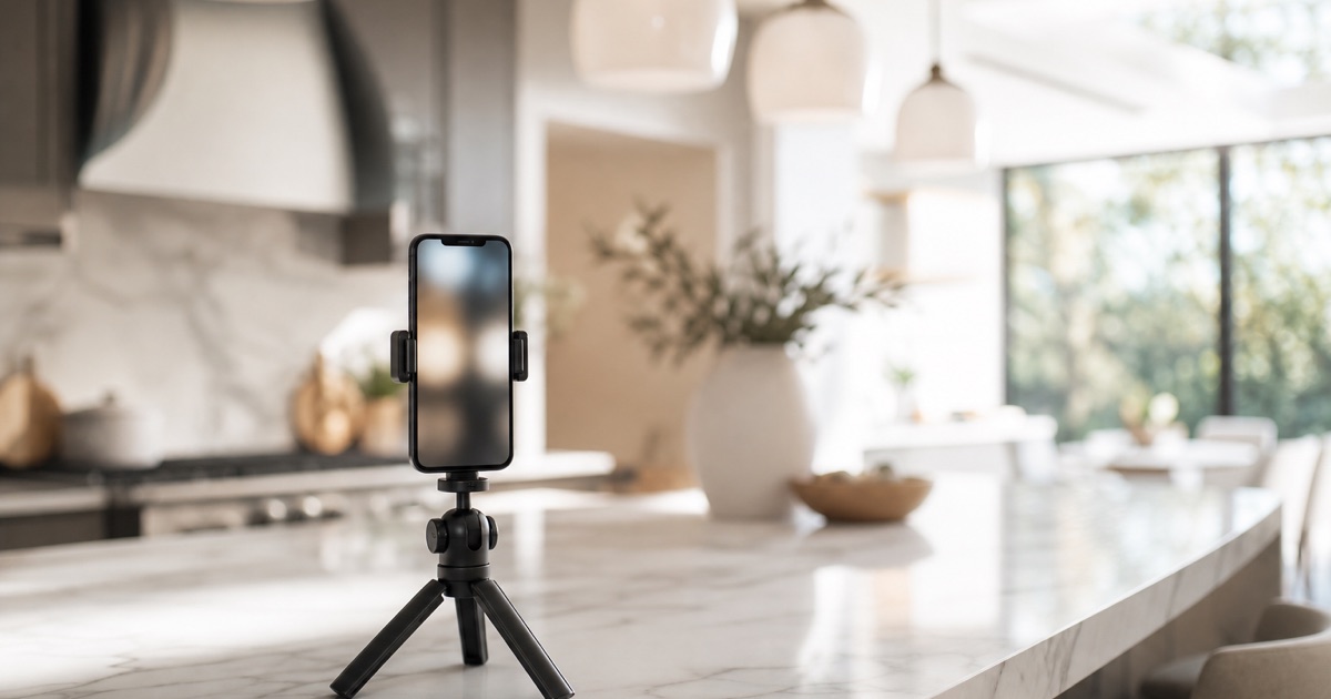 A smartphone mounted vertically on a mini tripod on a bright kitchen island