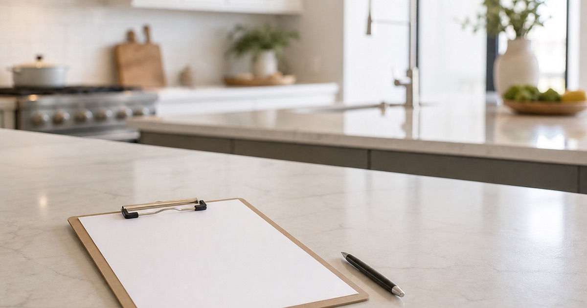 A clipboard with a blank checklist on the kitchen counter of a staged home