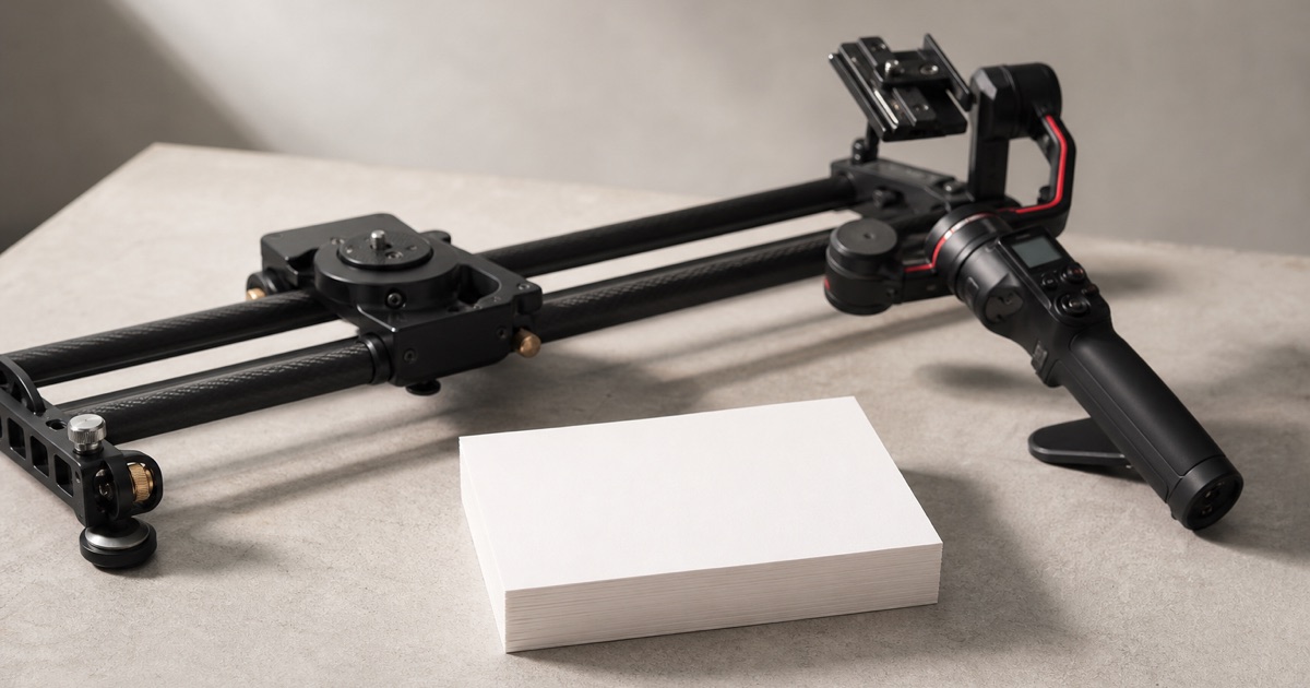 A camera slider and gimbal on a studio table beside a stack of blank service cards