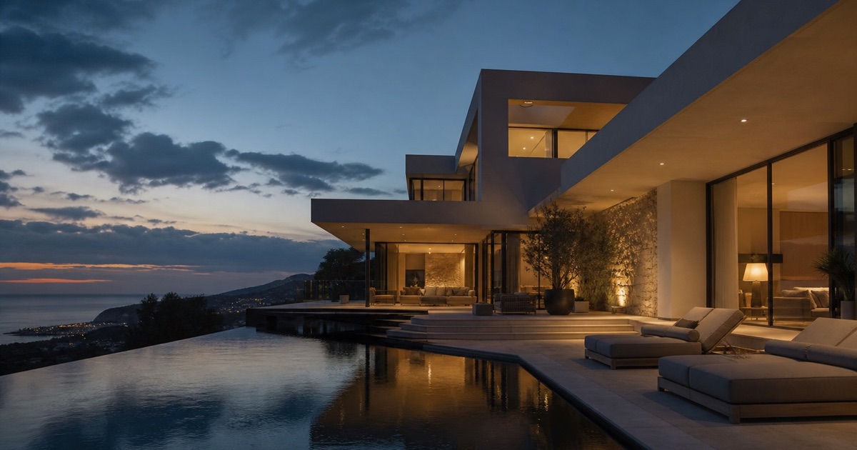 A modern luxury home at twilight with glowing interior lights and a reflecting pool