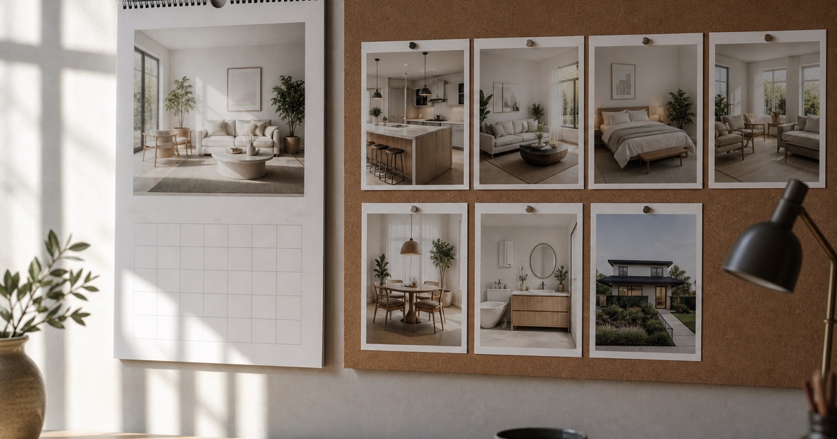 A wall calendar beside a grid of printed home photos pinned to a corkboard