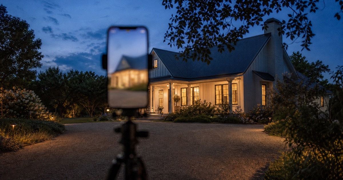 A phone mounted vertically on a tripod facing a house at blue hour with porch lights on