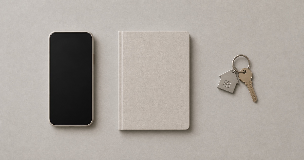 A smartphone, a closed notebook, and a house-shaped keychain on a warm grey surface