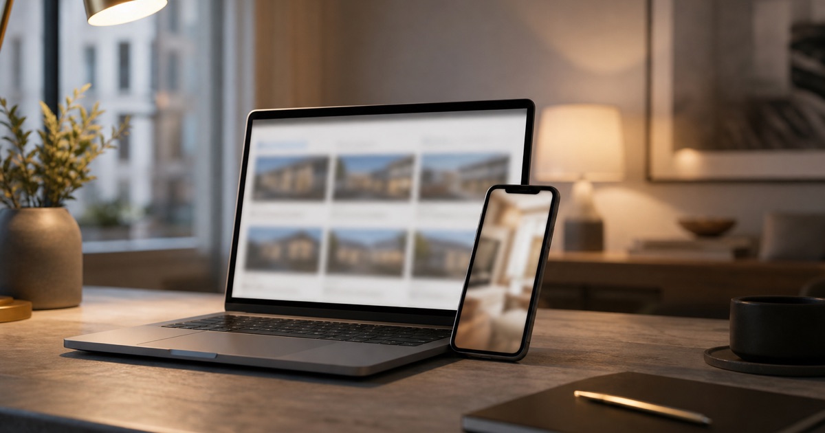 A laptop showing a softly blurred listing page with a phone leaning against it playing a vertical video