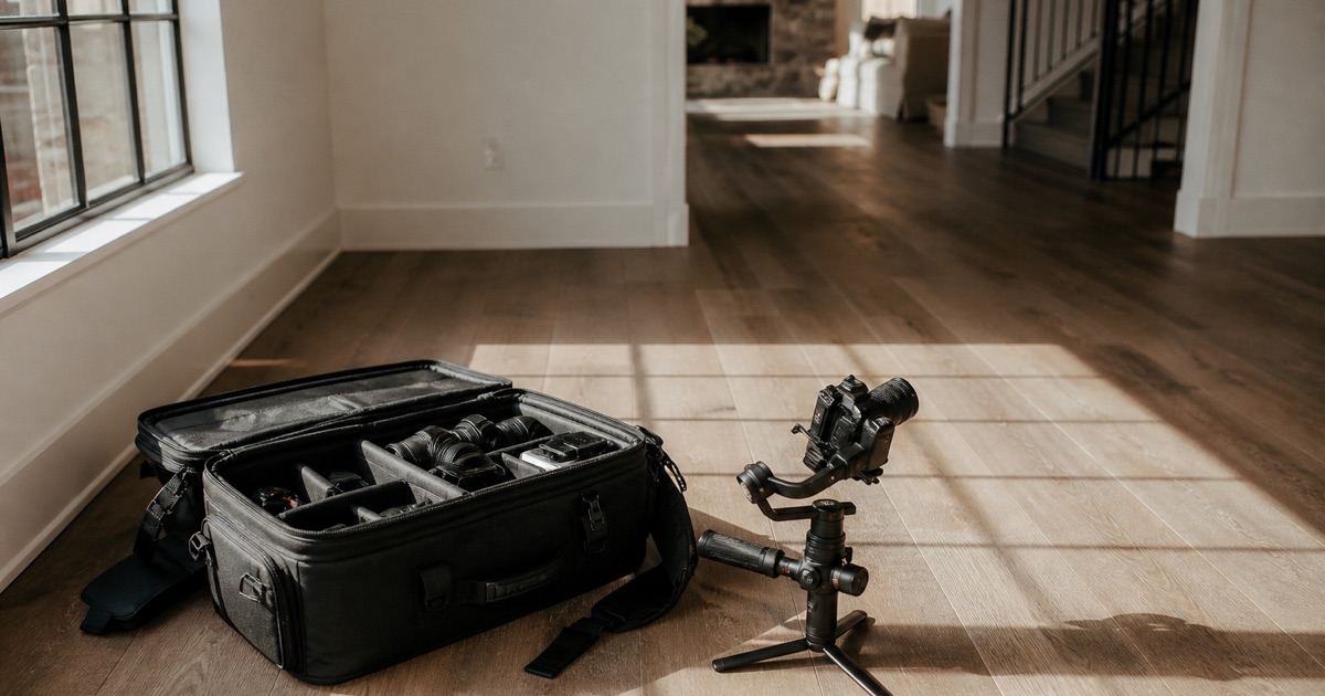 A videographer's gear bag and gimbal on the wood floor of an empty sunlit home