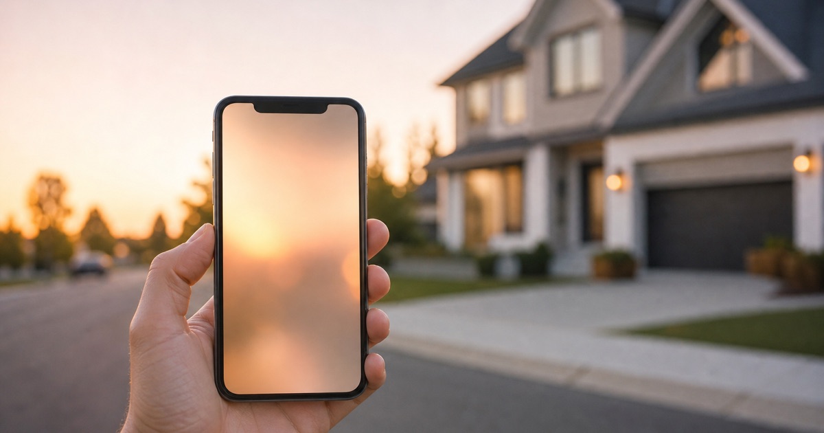 A hand holding up a phone in front of a suburban house at golden hour