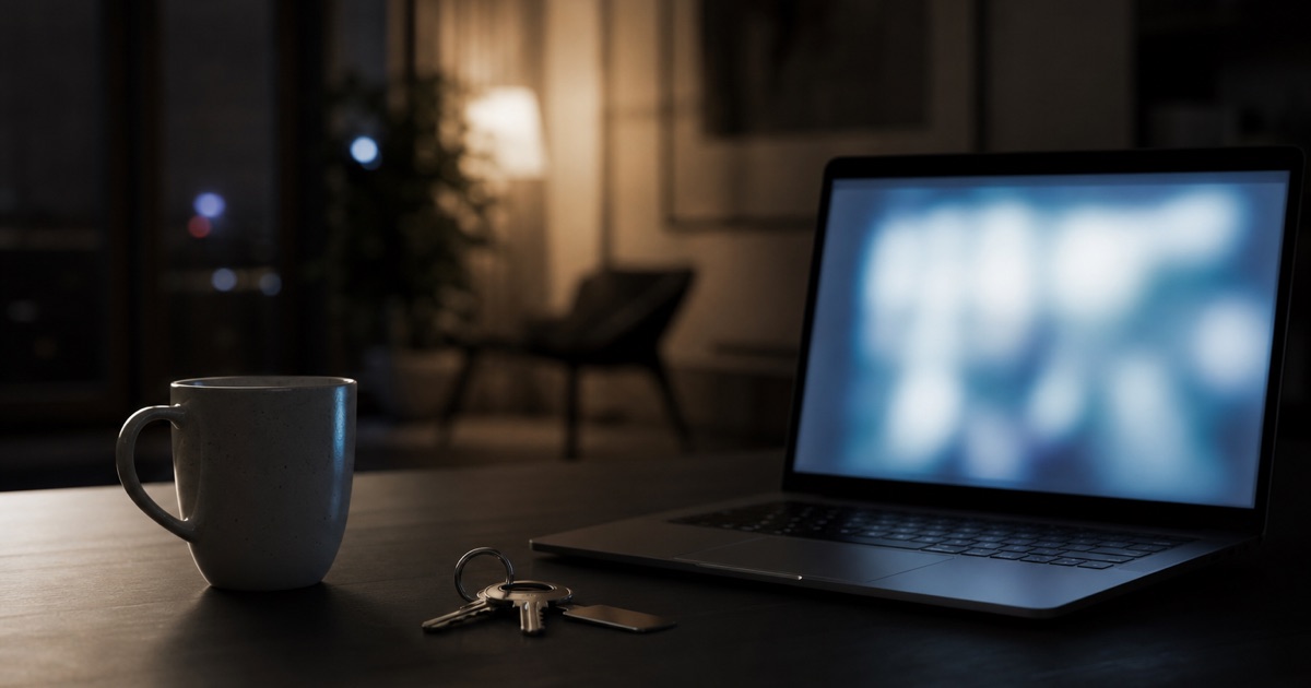 A laptop glowing softly on a dark desk at night beside house keys and a coffee cup