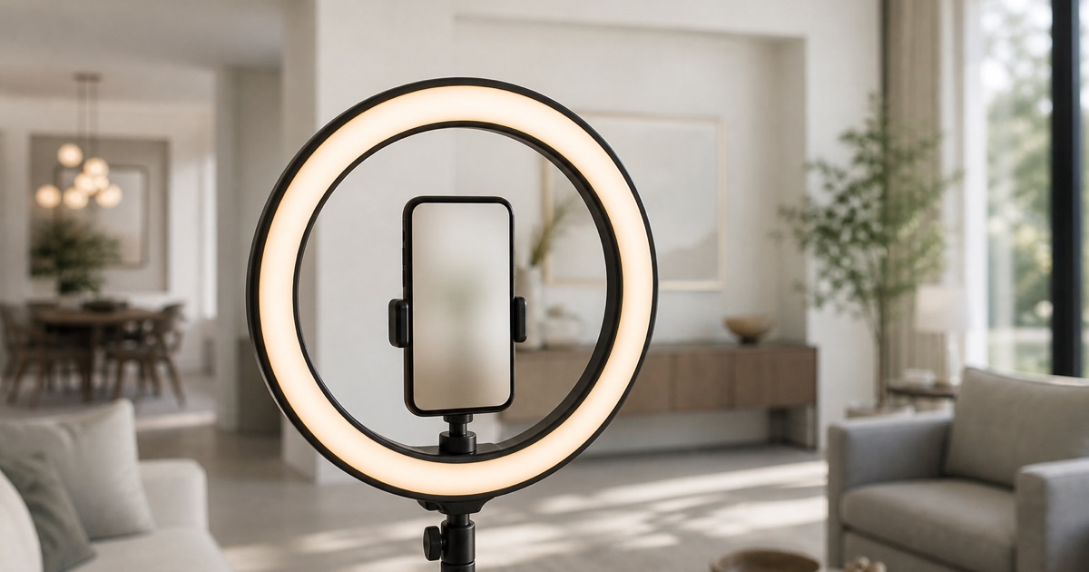 A phone mounted vertically inside a ring light in a bright home interior