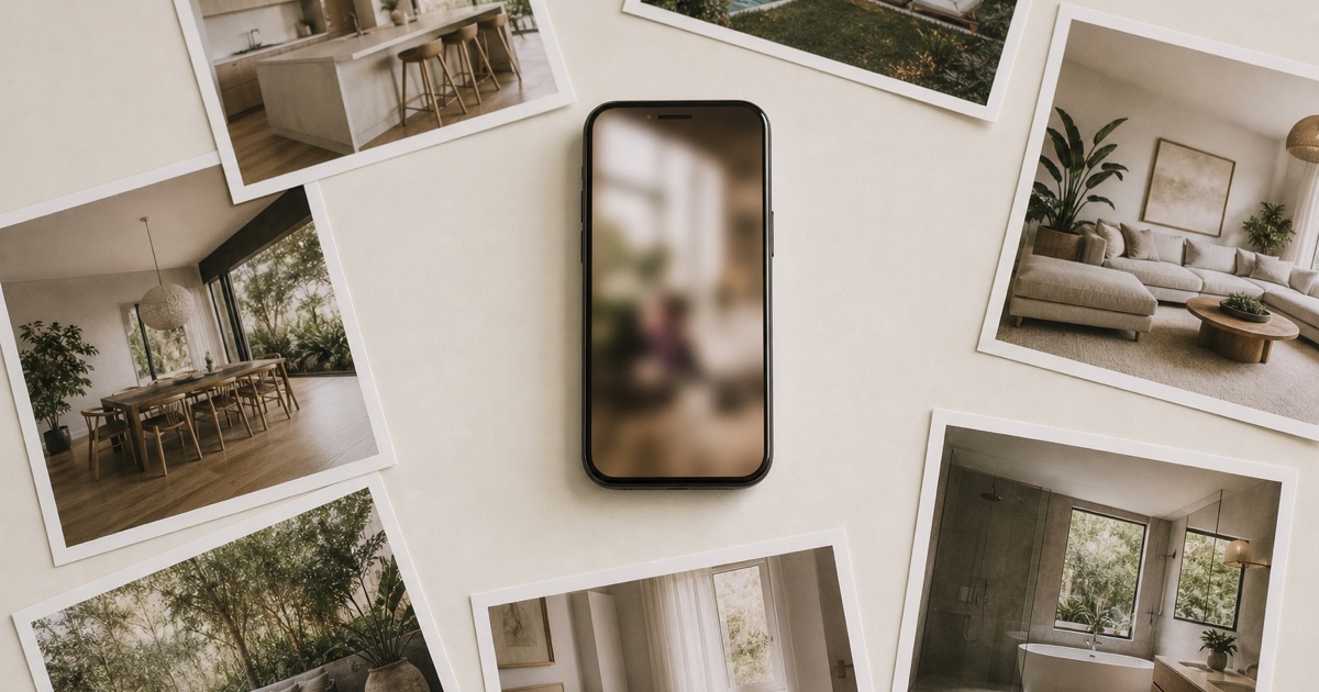 A glowing smartphone surrounded by printed home photos in an overhead flat-lay